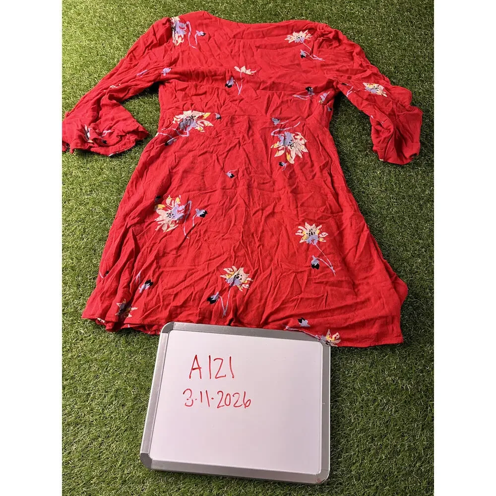 Free People‎ Red Floral Wrap Dress Size Small Bell 3/4 sleeve Mini